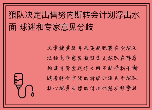 狼队决定出售努内斯转会计划浮出水面 球迷和专家意见分歧 狼队决定出售努内斯转会计划浮出水面 球迷和专家意见分歧